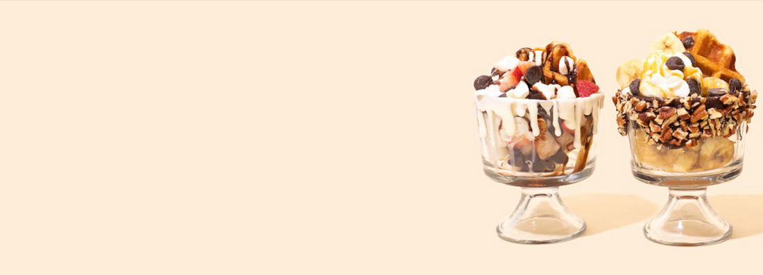 Waffle bar with Belgian Waffles and toppings such as marshmallows, sprinkles, and fruit