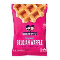 An individually packed Original Belgian Waffle with pearl sugar produced by Belgian Boys